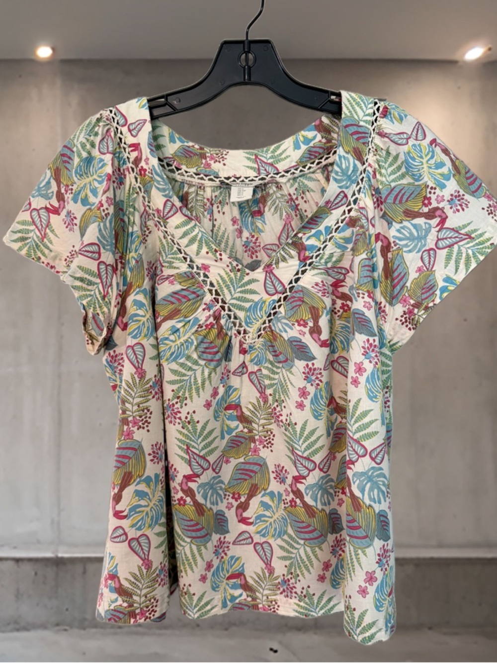 Haute Hippie Tropical Bird Print Crochet Trim Top Small Boho Cotton